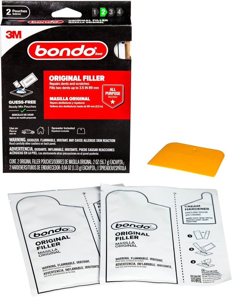 Bondo أكياس مزيج الفيلر الأصلي الجاهز، تصلح الخدوش والنتوءات، تملأ 2 نتوءات حتى 3.5"، 2 × 2 أونصة أكياس فيلر أصلية، 2 × 0.04 أونصة مواد صلبة، مع ملعقة (OR-2PK-ES) - Image 1